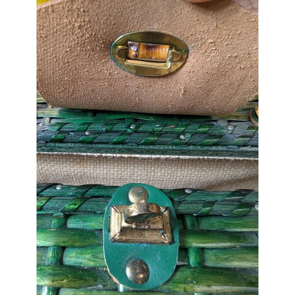 Vintage‎ Green Wicker Rattan Satchel Briefcase Purse Bamboo Handle  14"X10" MCM - Picture 9 of 16